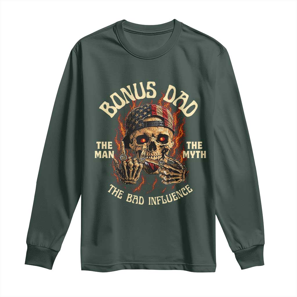 Bonus Dad Long Sleeve Shirt The Man Myth Bad Influence Step Dad Vintage Skull USA Flag TS10 Dark Forest Green Print Your Wear