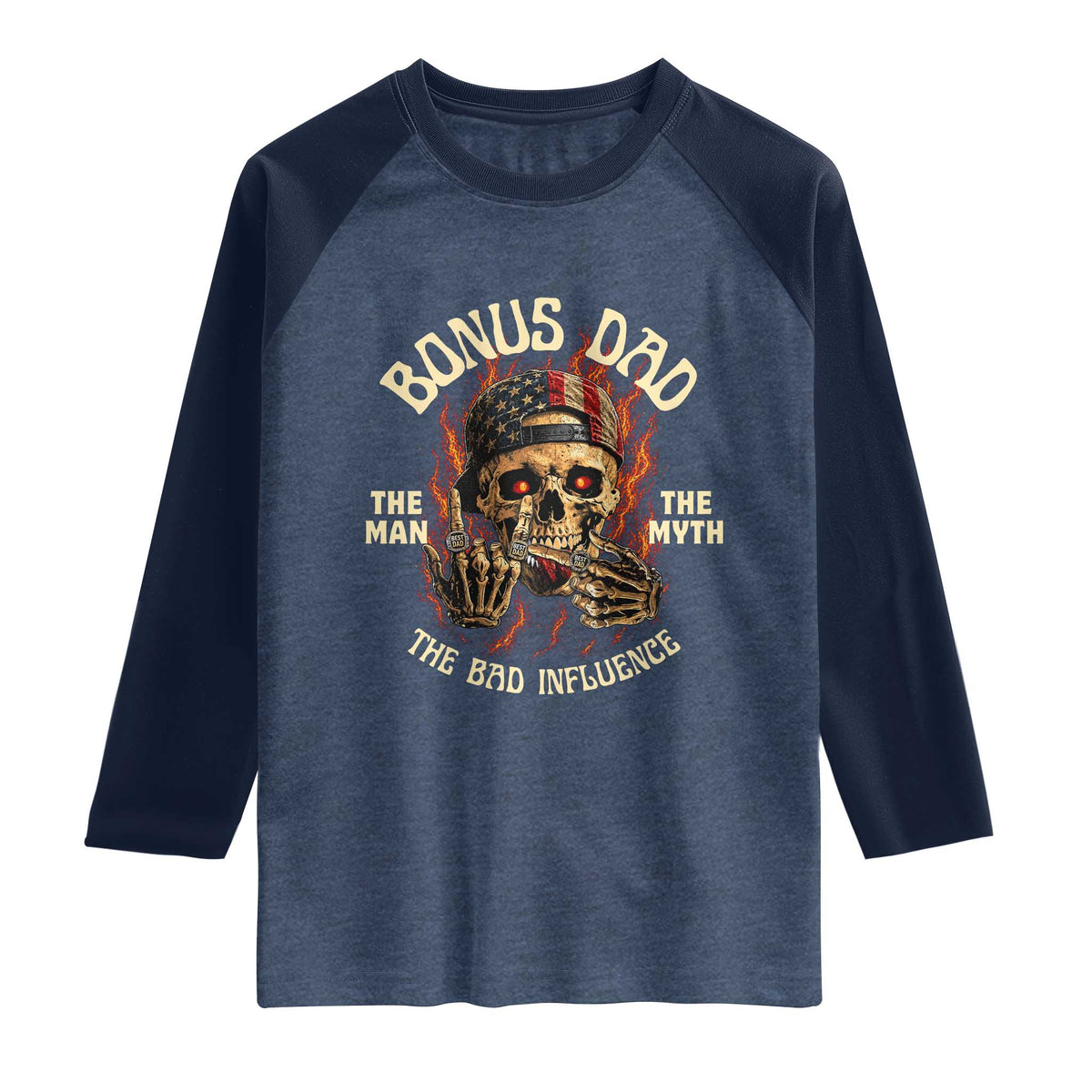Bonus Dad Raglan Shirt The Man Myth Bad Influence Step Dad Vintage Skull USA Flag TS10 Heather Denim Navy Print Your Wear