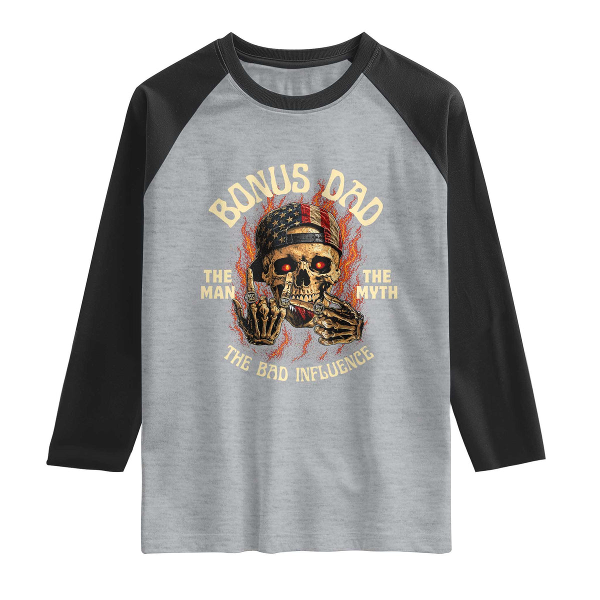 Bonus Dad Raglan Shirt The Man Myth Bad Influence Step Dad Vintage Skull USA Flag TS10 Heather Gray Black Print Your Wear