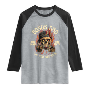 Bonus Dad Raglan Shirt The Man Myth Bad Influence Step Dad Vintage Skull USA Flag TS10 Heather Gray Black Print Your Wear