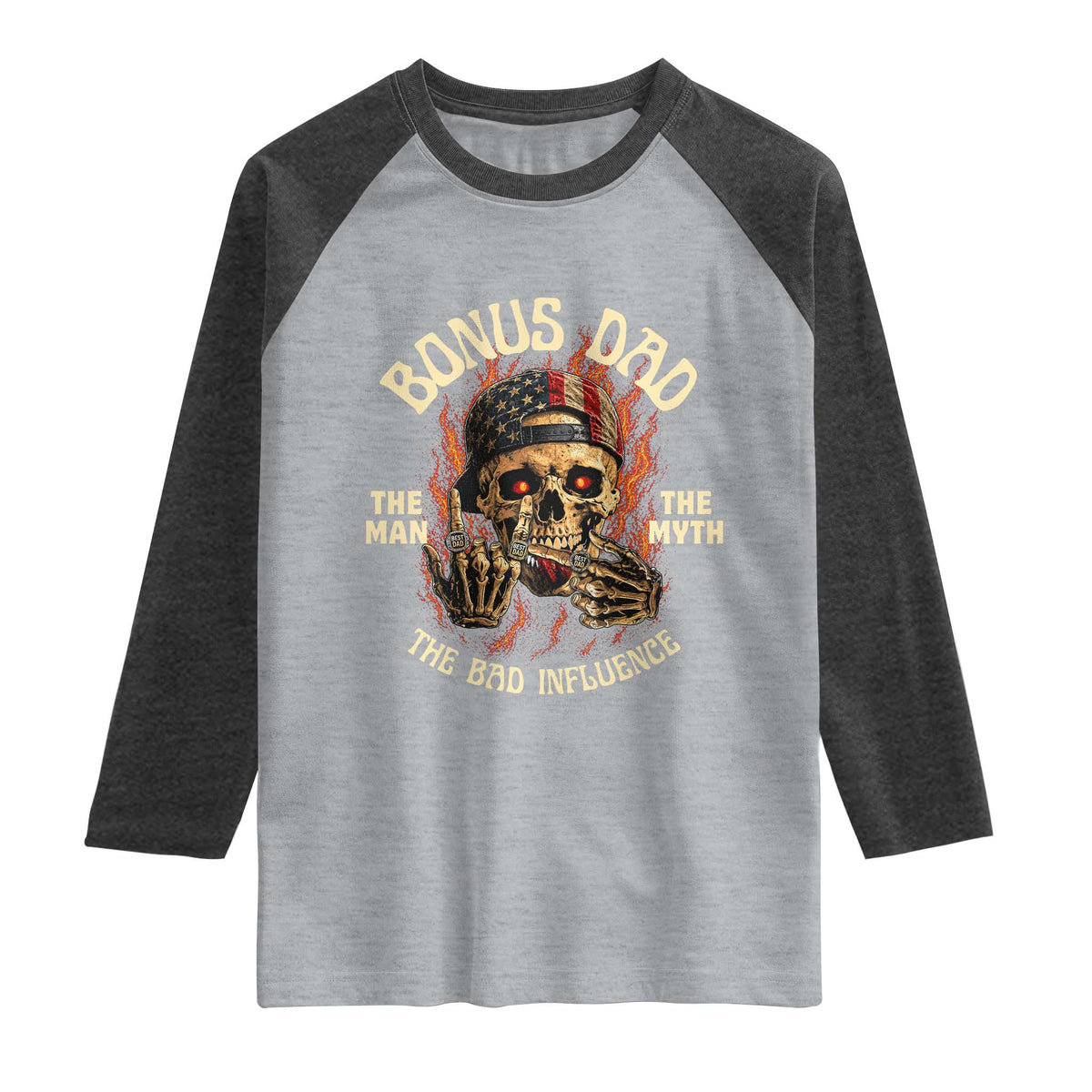 Bonus Dad Raglan Shirt The Man Myth Bad Influence Step Dad Vintage Skull USA Flag TS10 Heather Gray Heather Charcoal Print Your Wear