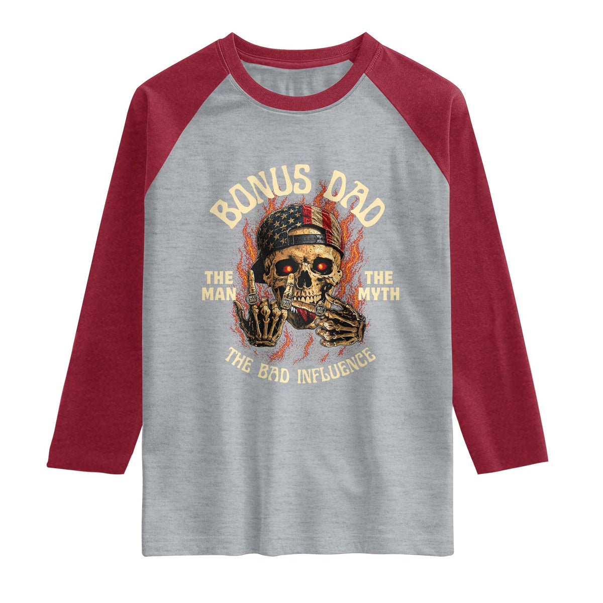 Bonus Dad Raglan Shirt The Man Myth Bad Influence Step Dad Vintage Skull USA Flag TS10 Heather Gray Heather Red Print Your Wear