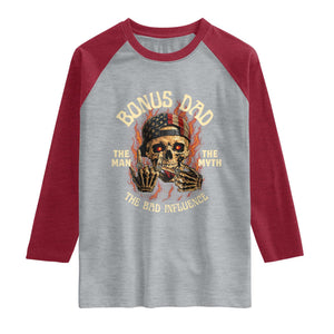 Bonus Dad Raglan Shirt The Man Myth Bad Influence Step Dad Vintage Skull USA Flag TS10 Heather Gray Heather Red Print Your Wear