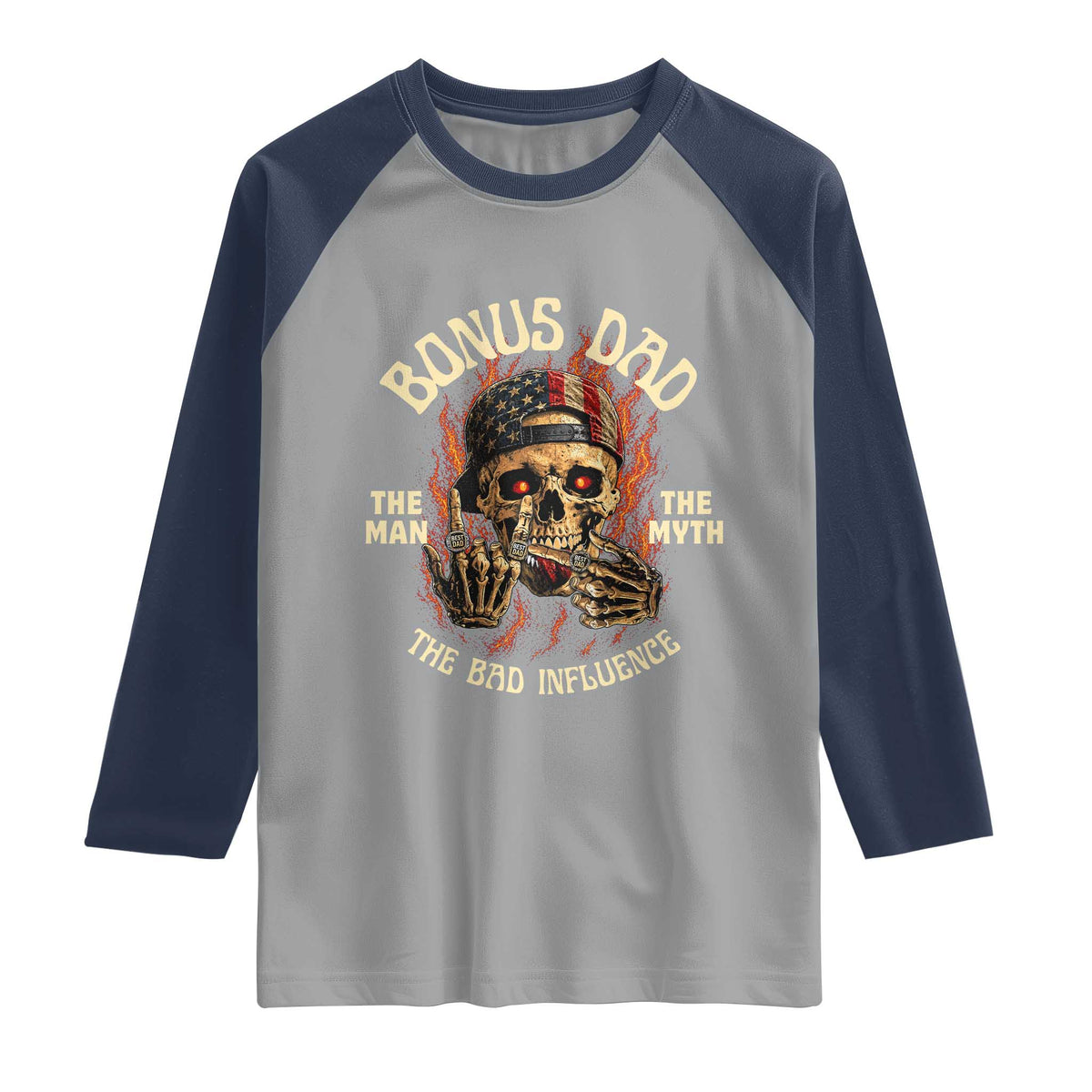 Bonus Dad Raglan Shirt The Man Myth Bad Influence Step Dad Vintage Skull USA Flag TS10 Sport Gray Navy Print Your Wear