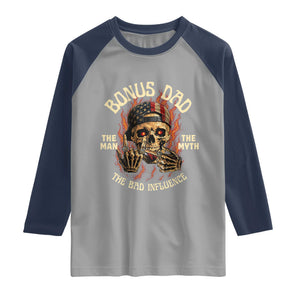 Bonus Dad Raglan Shirt The Man Myth Bad Influence Step Dad Vintage Skull USA Flag TS10 Sport Gray Navy Print Your Wear