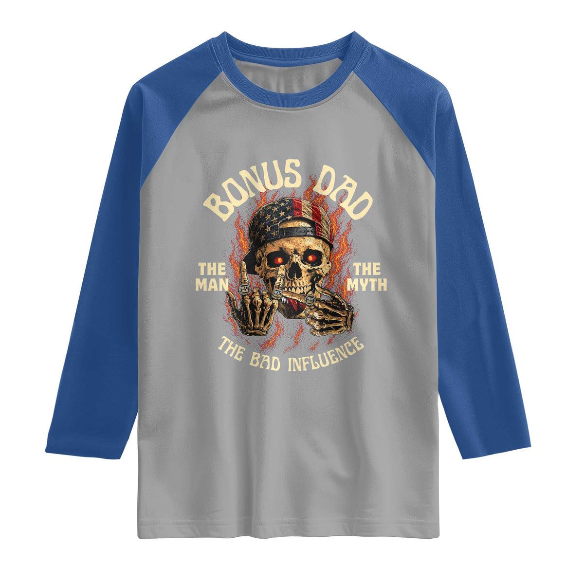 Bonus Dad Raglan Shirt The Man Myth Bad Influence Step Dad Vintage Skull USA Flag TS10 Sport Gray Royal Print Your Wear