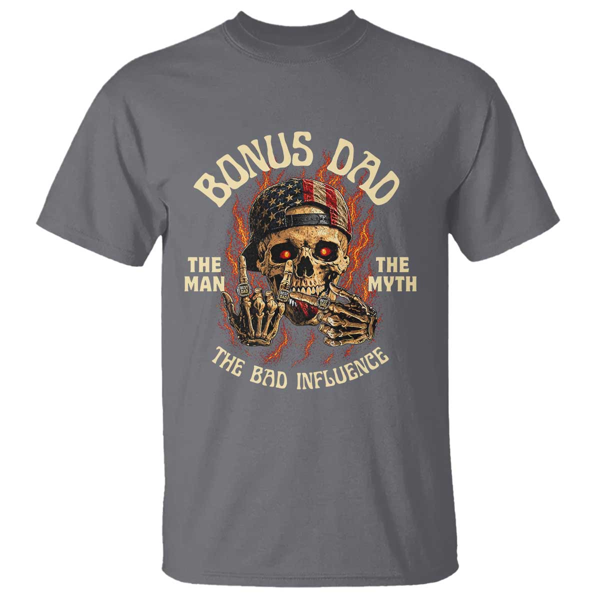 Bonus Dad T Shirt The Man Myth Bad Influence Step Dad Vintage Skull USA Flag TS10 Charcoal Print Your Wear