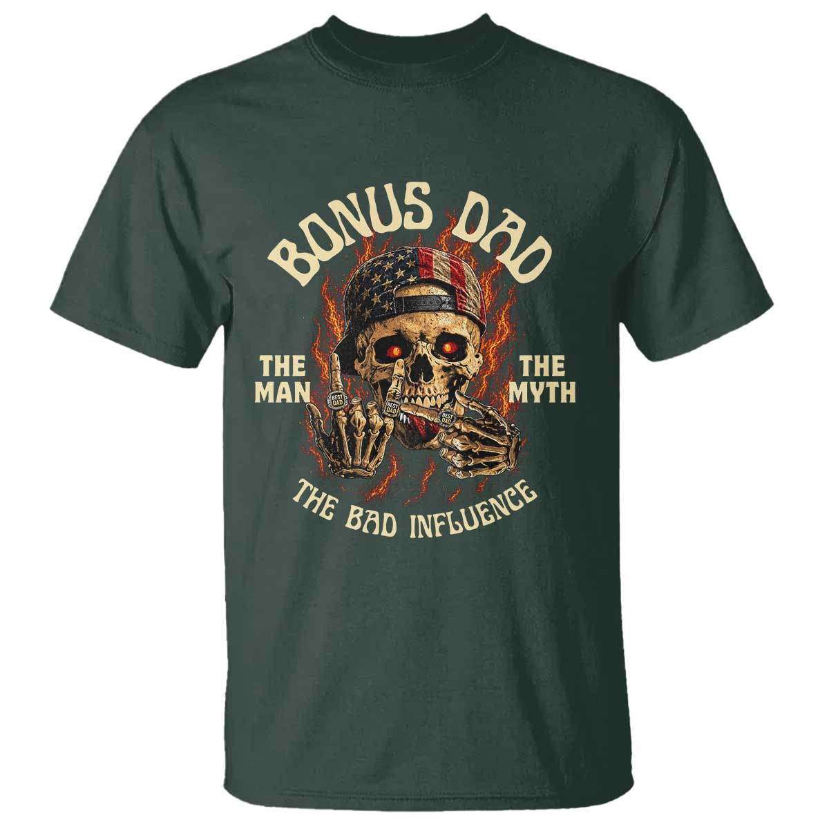 Bonus Dad T Shirt The Man Myth Bad Influence Step Dad Vintage Skull USA Flag TS10 Dark Forest Green Print Your Wear