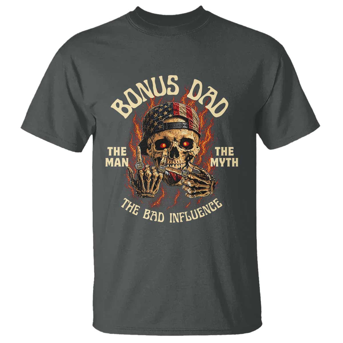 Bonus Dad T Shirt The Man Myth Bad Influence Step Dad Vintage Skull USA Flag TS10 Dark Heather Print Your Wear