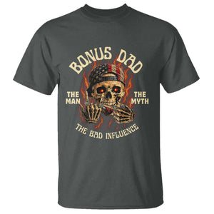 Bonus Dad T Shirt The Man Myth Bad Influence Step Dad Vintage Skull USA Flag TS10 Dark Heather Print Your Wear