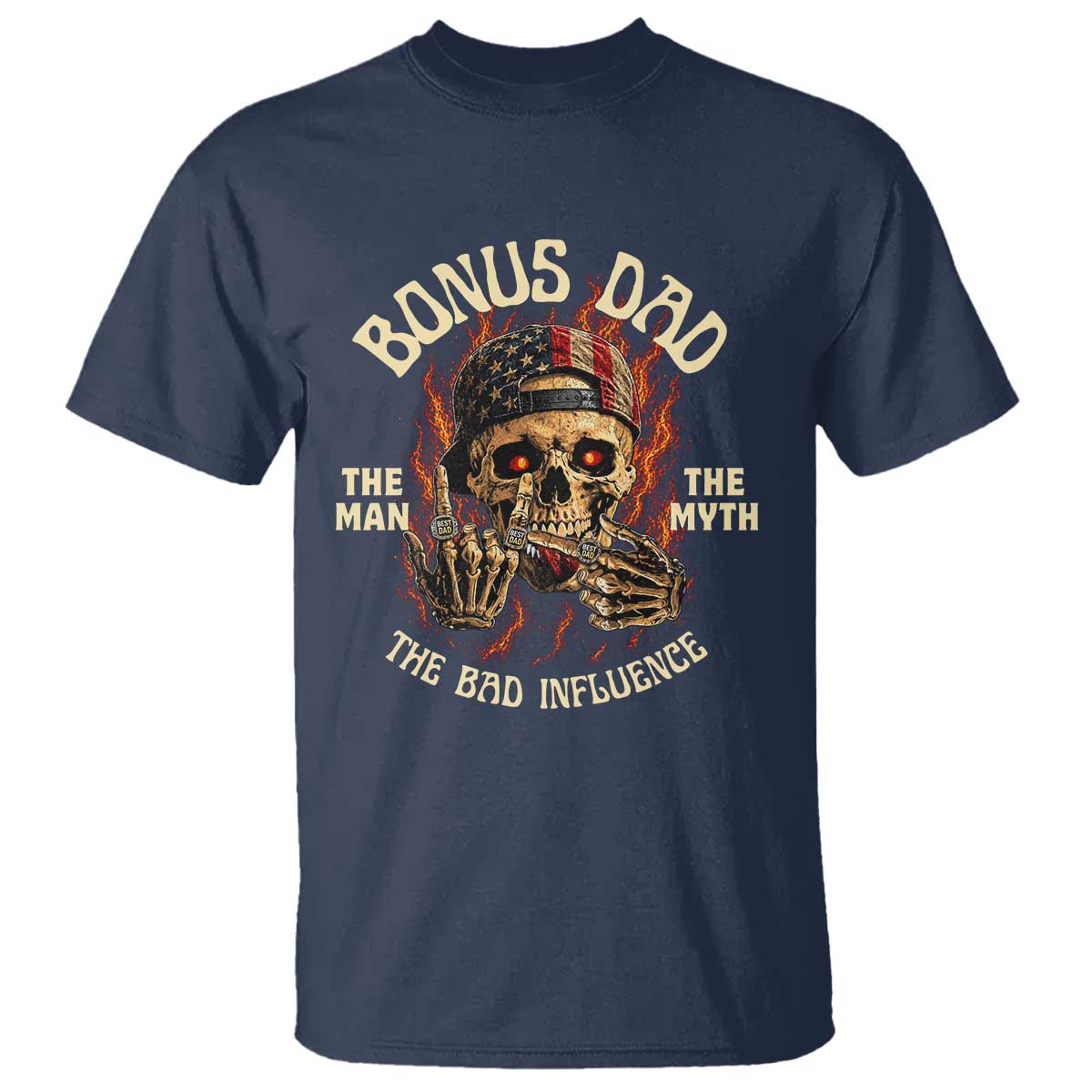 Bonus Dad T Shirt The Man Myth Bad Influence Step Dad Vintage Skull USA Flag TS10 Navy Print Your Wear