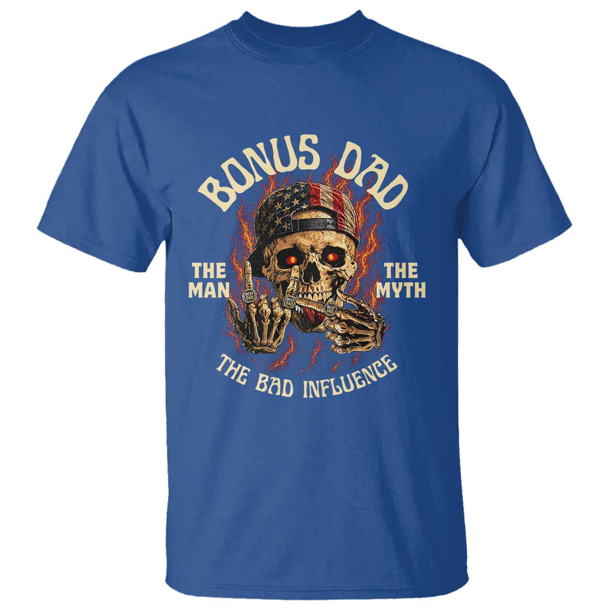 Bonus Dad T Shirt The Man Myth Bad Influence Step Dad Vintage Skull USA Flag TS10 Royal Blue Print Your Wear