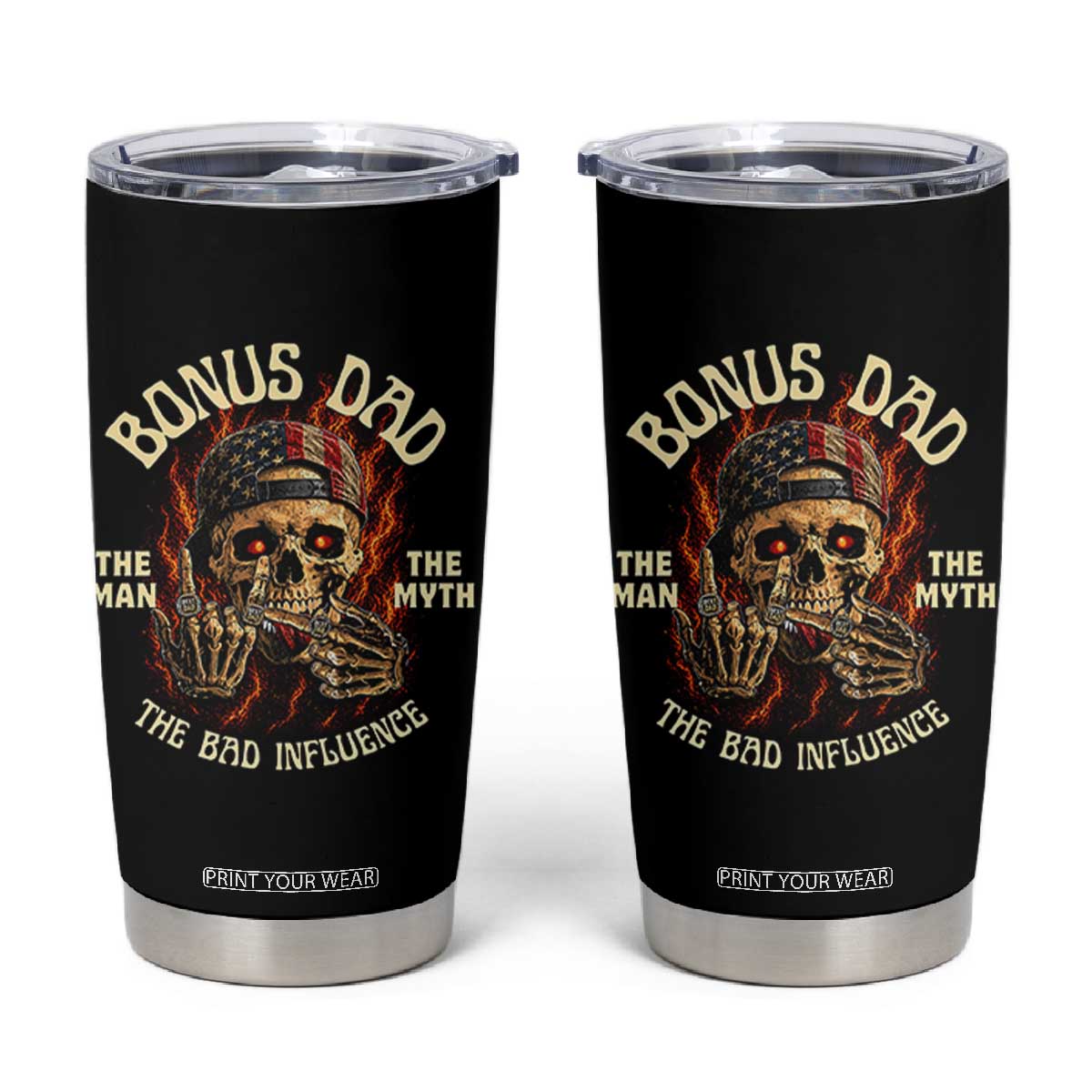 Bonus Dad Tumbler Cup The Man Myth Bad Influence Step Dad Vintage Skull USA Flag TS10 Black Print Your Wear