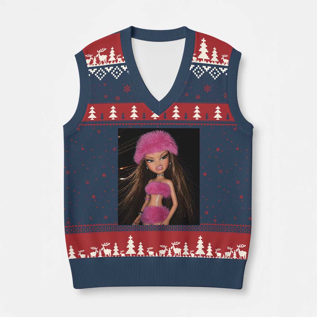 Funny Disgusting Doll Face Meme V-Neck Knit Sweater Vest Expression Hilarious Sarcastic TS10 Navy Red Print Your Wear