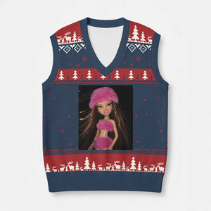 Funny Disgusting Doll Face Meme V-Neck Knit Sweater Vest Expression Hilarious Sarcastic TS10 Navy Red Print Your Wear