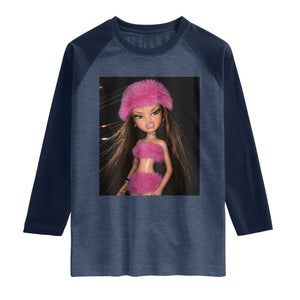 Funny Disgusting Doll Face Meme Raglan Shirt Expression Hilarious Sarcastic TS10 Heather Denim Navy Print Your Wear