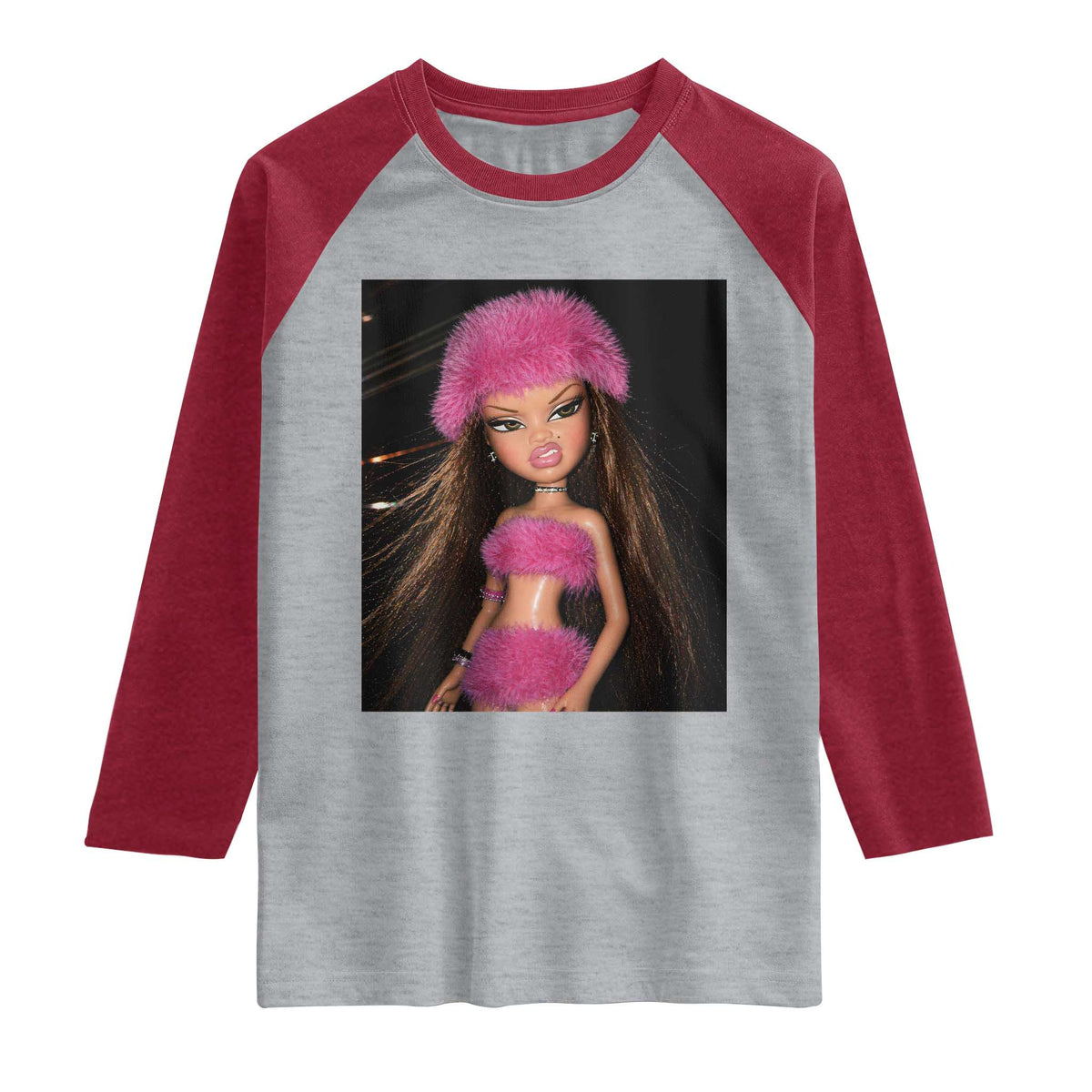 Funny Disgusting Doll Face Meme Raglan Shirt Expression Hilarious Sarcastic TS10 Heather Gray Heather Red Print Your Wear