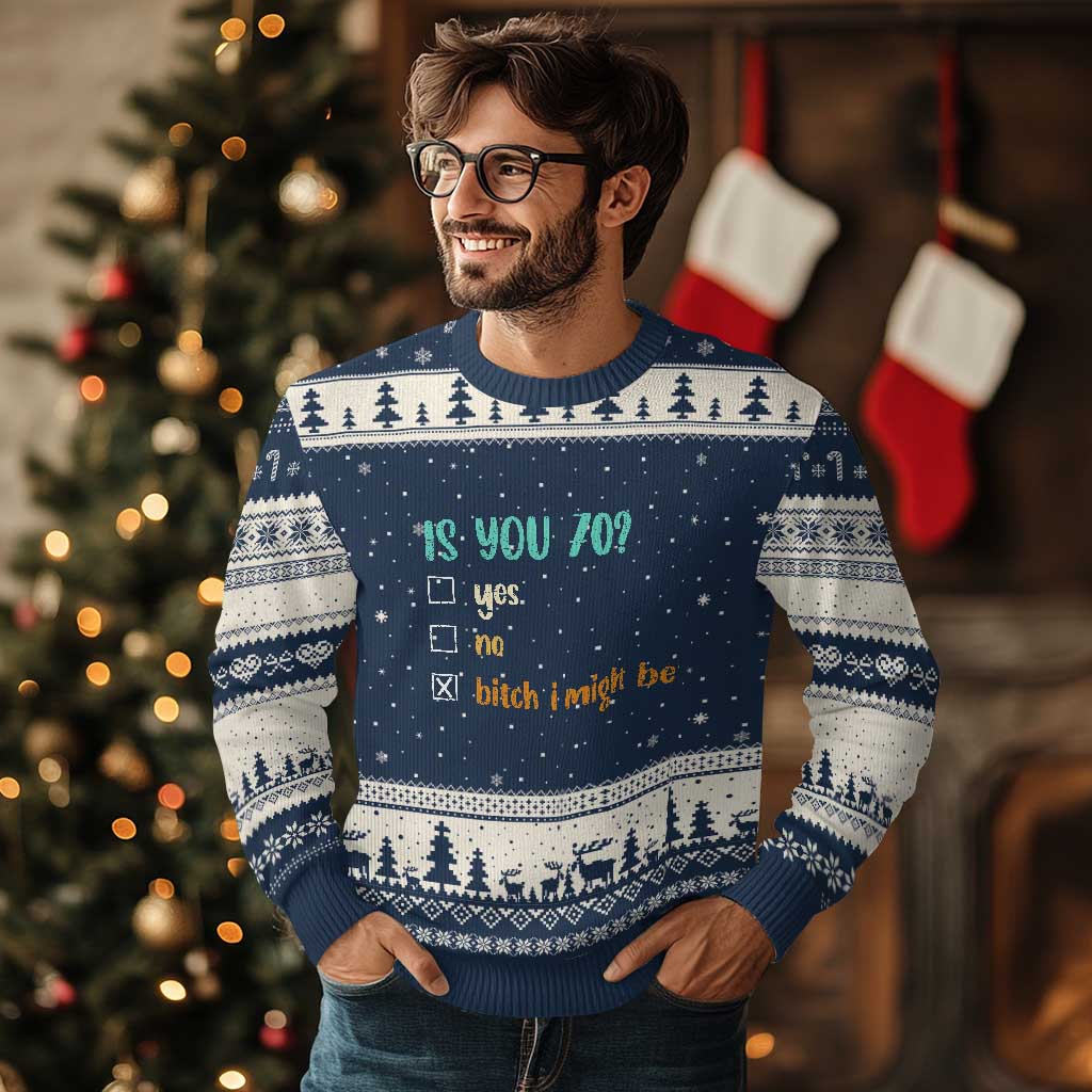 70th Birthday Ugly Christmas Sweater Funny Is You 70 Gift Idea 70 Year Old TS10 Navy Beige Print Your Wear