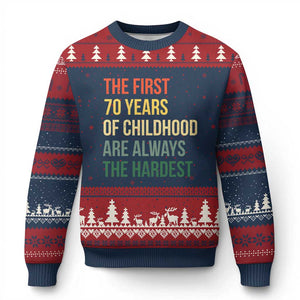70th Birthday Ugly Christmas Sweater Retro The First 70 Years Childhood Hardest TS10 Navy Red Print Your Wear