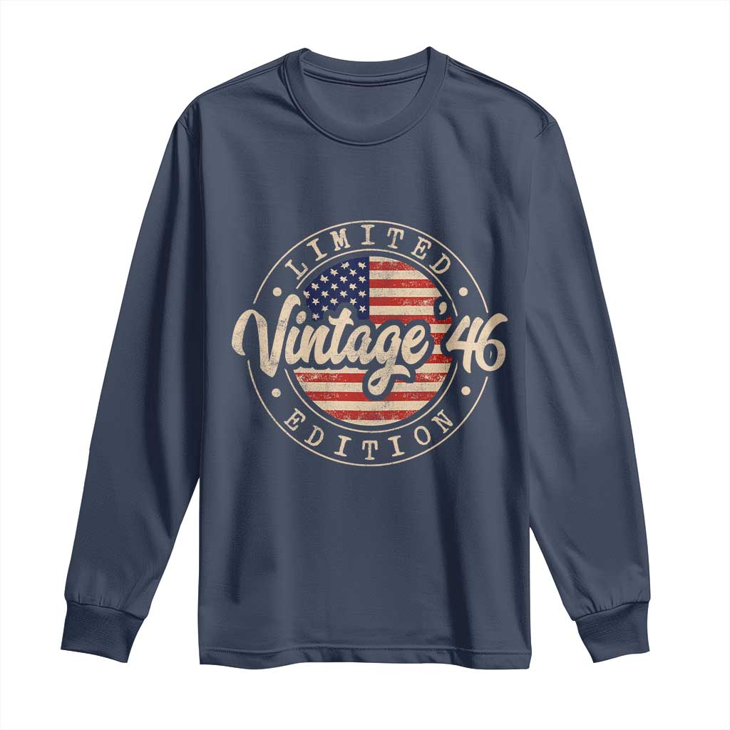 Vintage 1946 Stamp Long Sleeve Shirt Funny 80th Birthday USA Flag 80 Year Old Bday TS10 Navy Print Your Wear