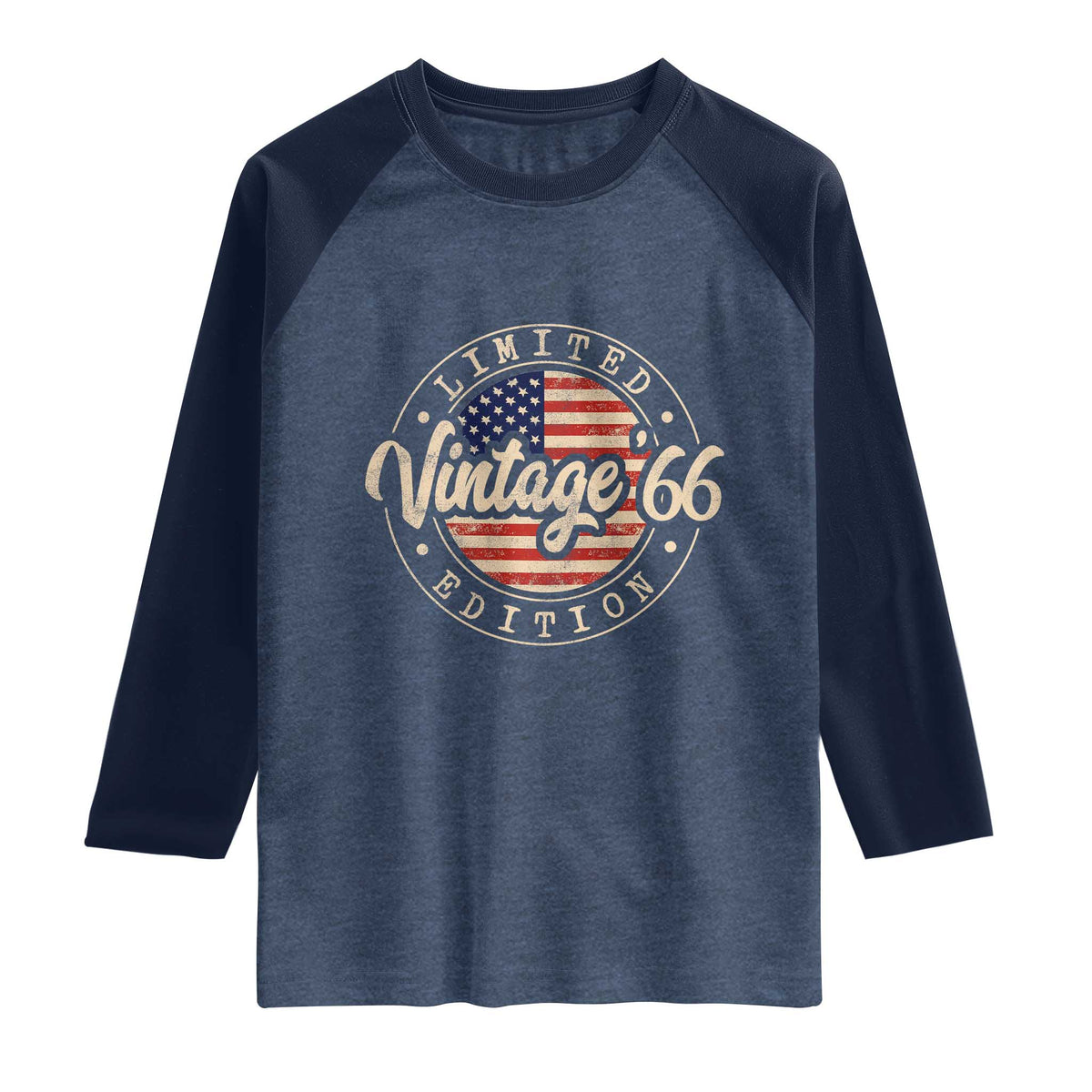 Vintage 1966 Stamp Raglan Shirt Funny 60th Birthday USA Flag 60 Year Old Bday TS10 Heather Denim Navy Print Your Wear