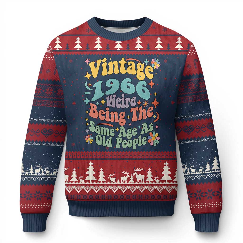 Funny 60th Birthday Ugly Christmas Sweater Retro Groovy 1966 Weird Being The Same Age As Old People TS10 Navy Red Print Your Wear