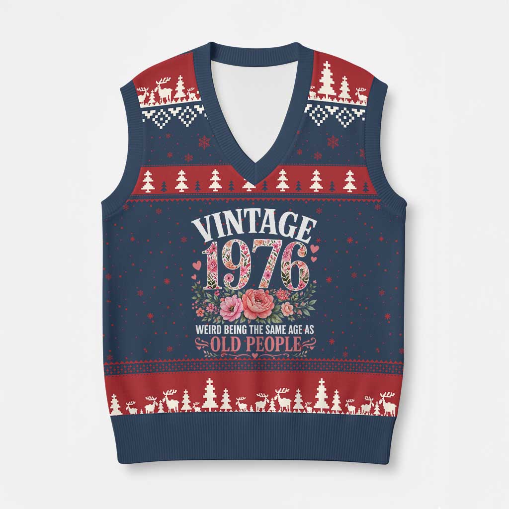 50th Birthday Gifts For Her V-Neck Knit Sweater Vest Floral 1976 Weird Being The Same Age As Old People TS10 Navy Red Print Your Wear