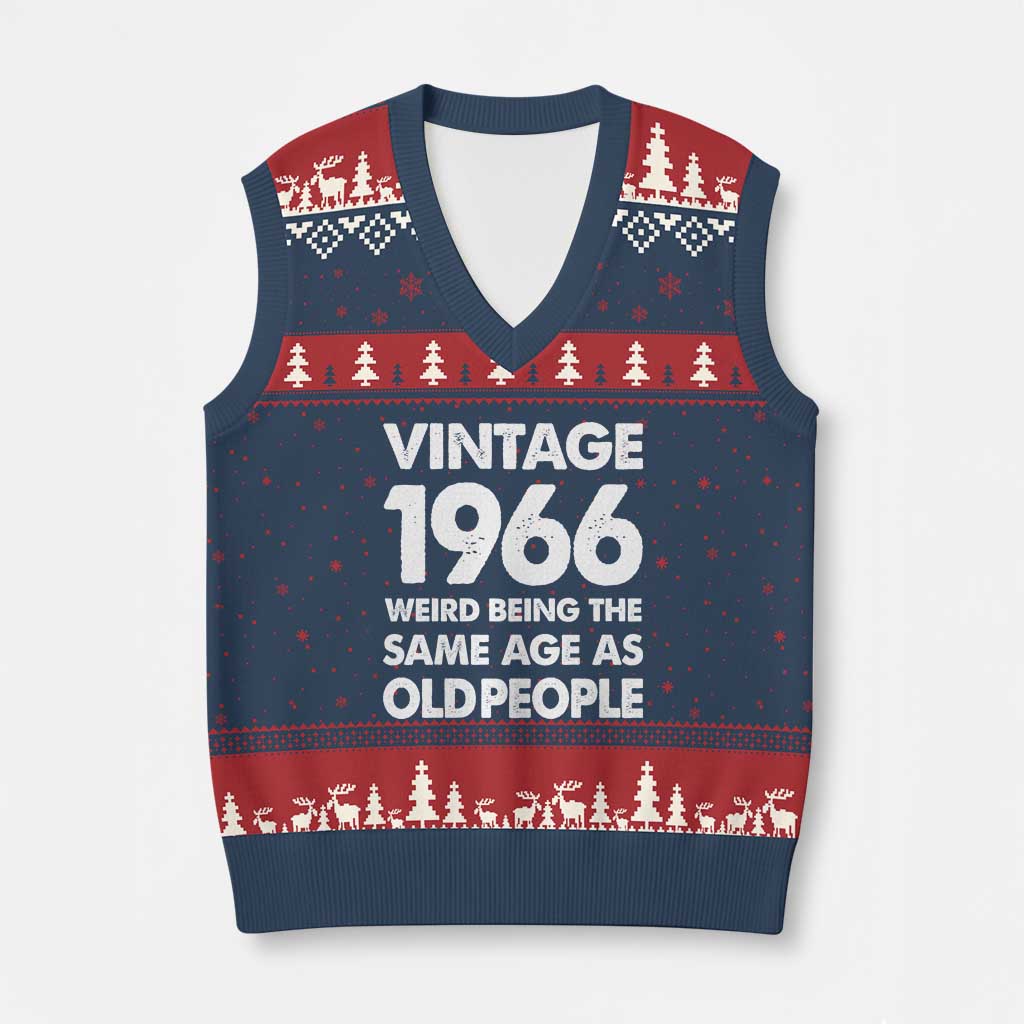 Funny 60th Birthday V-Neck Knit Sweater Vest Turning 60 Year Old Gifts Weird Being The Same Age As Old People TS10 Navy Red Print Your Wear