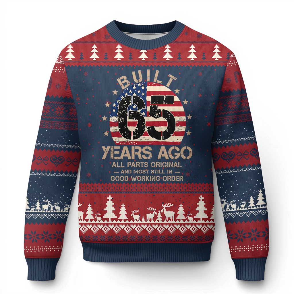 Funny 65th Birthday Ugly Christmas Sweater Vintage US Flag Built 65 Years Ago Parts Original TS10 Navy Red Print Your Wear