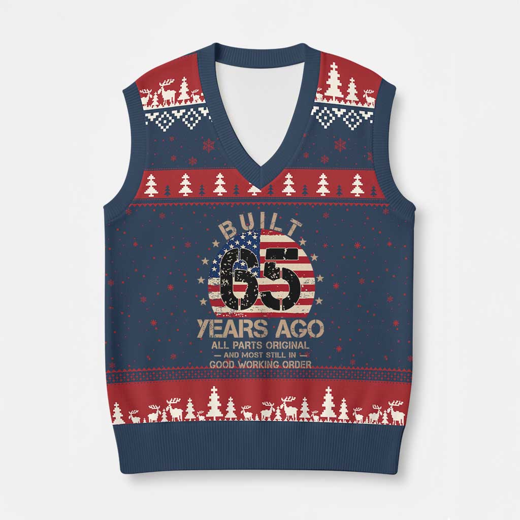 Funny 65th Birthday V-Neck Knit Sweater Vest Vintage US Flag Built 65 Years Ago Parts Original TS10 Navy Red Print Your Wear