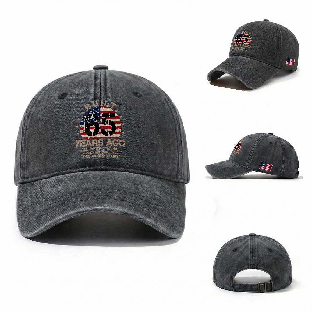 Funny 65th Birthday Washed Cotton Baseball Cap Vintage US Flag Built 65 Years Ago Parts Original TS10 Washed Cap Universal Fit Dark Gray Print Your Wear