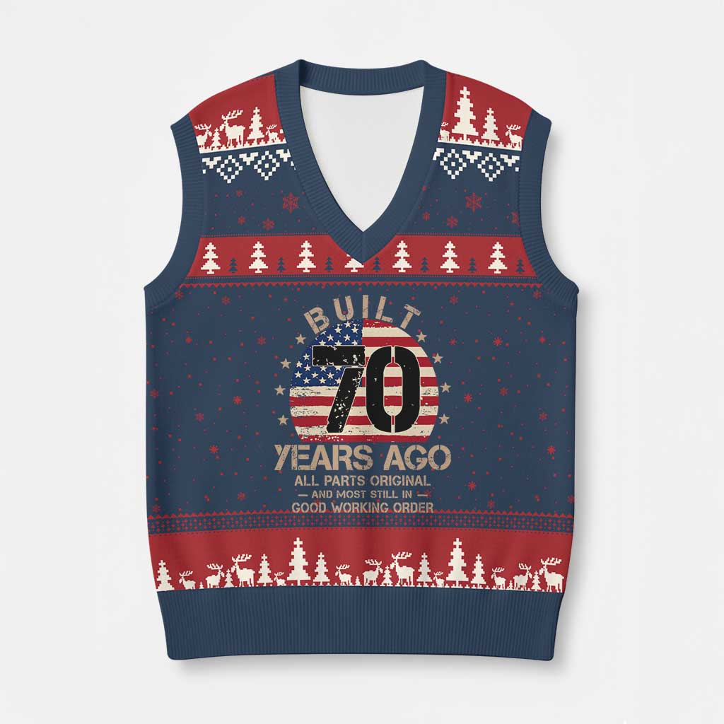 Funny 70th Birthday V-Neck Knit Sweater Vest Vintage US Flag Built 70 Years Ago Parts Original TS10 Navy Red Print Your Wear