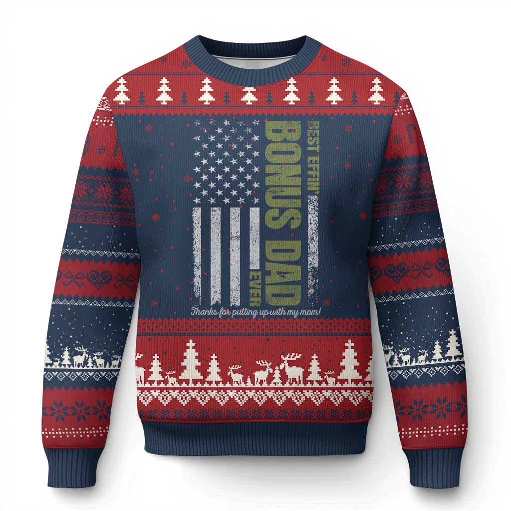 Best Effin Bonus Dad Ever Ugly Christmas Sweater Vintage Step Dad American Flag TS10 Navy Red Print Your Wear