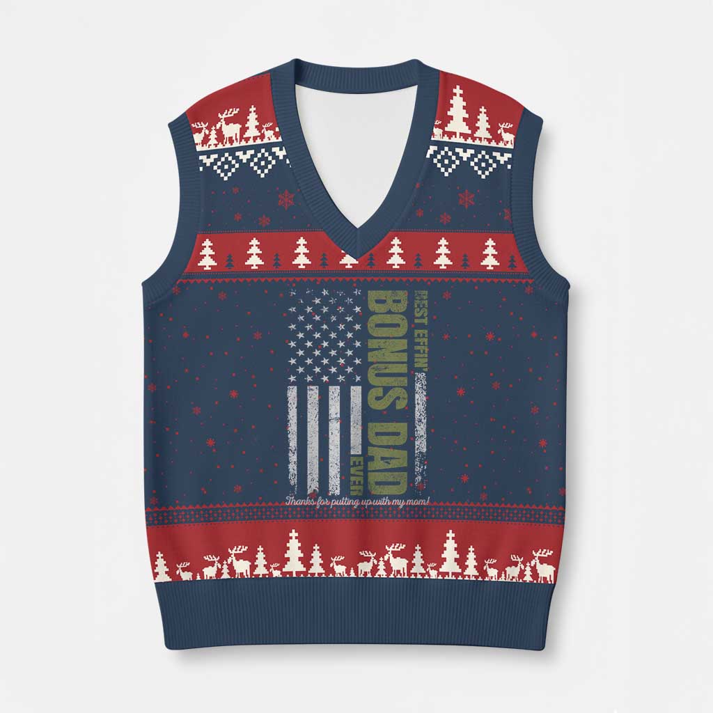 Best Effin Bonus Dad Ever V-Neck Knit Sweater Vest Vintage Step Dad American Flag TS10 Navy Red Print Your Wear