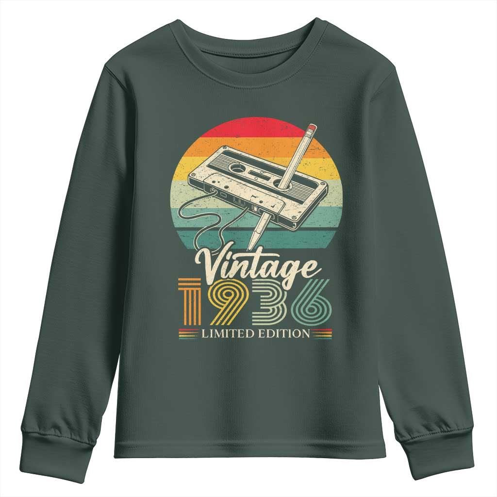 Vintage 1936 Youth Sweatshirt 90th Birthday Turning 90 Year Old Gifts TS10 Dark Forest Green Print Your Wear