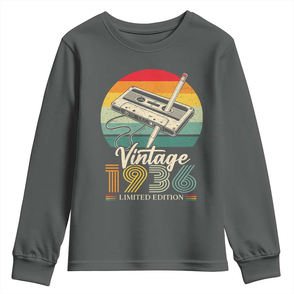 Vintage 1936 Youth Sweatshirt 90th Birthday Turning 90 Year Old Gifts TS10 Dark Heather Print Your Wear