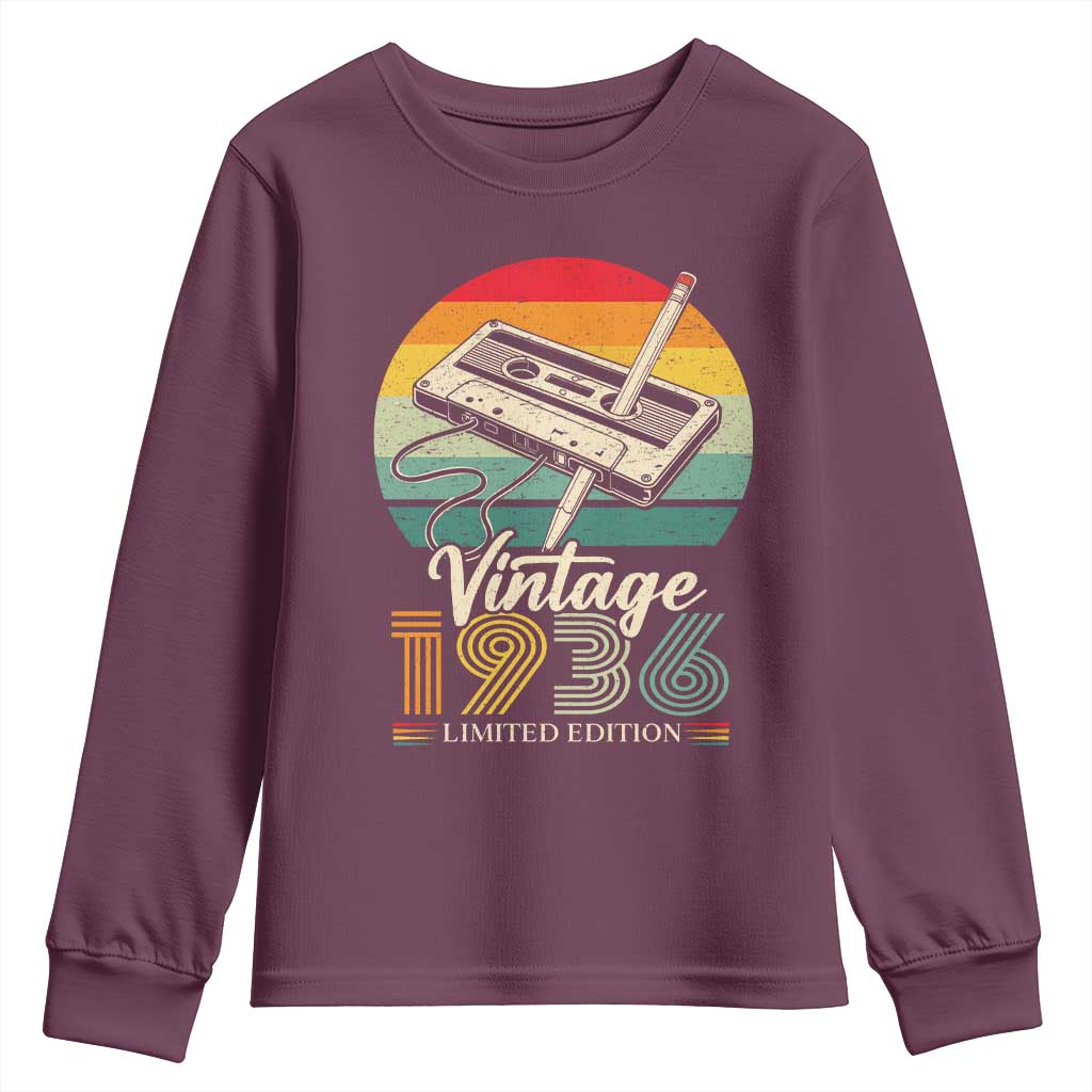 Vintage 1936 Youth Sweatshirt 90th Birthday Turning 90 Year Old Gifts TS10 Maroon Print Your Wear