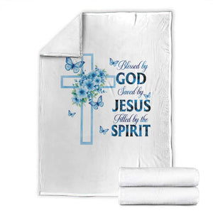 Christian Jesus Throw Blanket Blessed By God Saved By Jesus Blue Floral Cross Butterfly Art TS10 White Print Your Wear