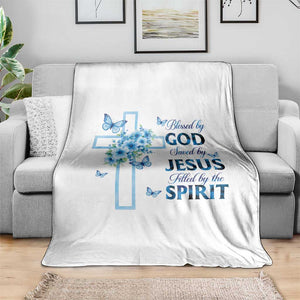 Christian Jesus Throw Blanket Blessed By God Saved By Jesus Blue Floral Cross Butterfly Art TS10 Print Your Wear