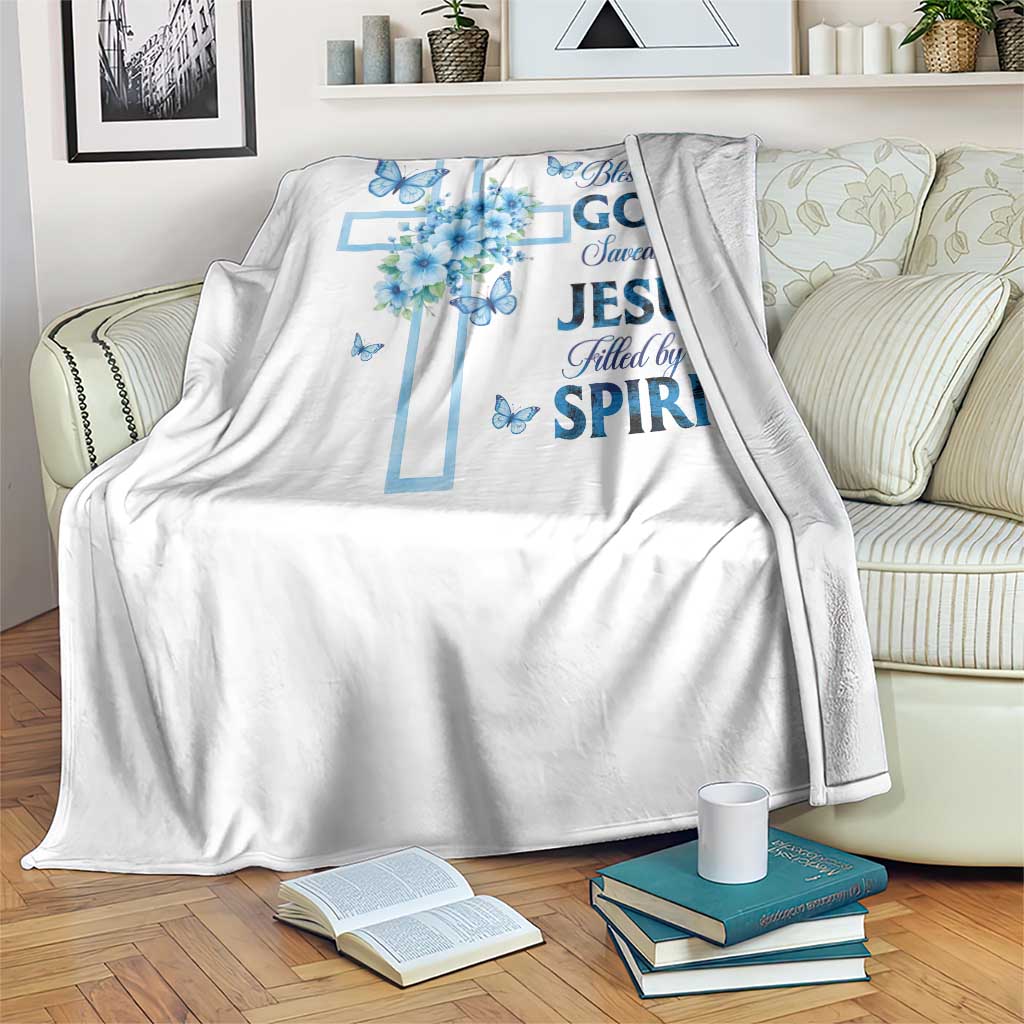 Christian Jesus Throw Blanket Blessed By God Saved By Jesus Blue Floral Cross Butterfly Art TS10 Print Your Wear