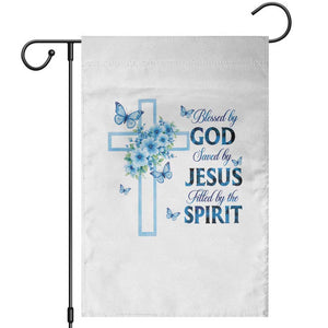 Christian Jesus Garden Flag Blessed By God Saved By Jesus Blue Floral Cross Butterfly Art TS10 White Print Your Wear