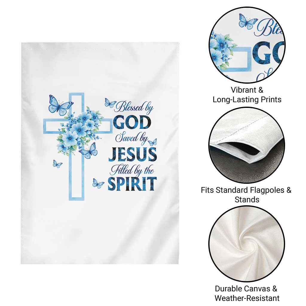 Christian Jesus Garden Flag Blessed By God Saved By Jesus Blue Floral Cross Butterfly Art TS10 Print Your Wear