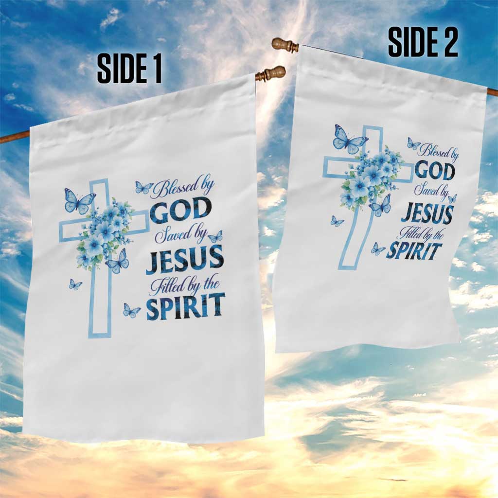 Christian Jesus Garden Flag Blessed By God Saved By Jesus Blue Floral Cross Butterfly Art TS10 Print Your Wear