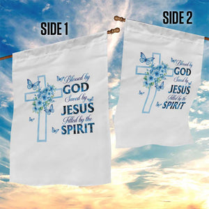 Christian Jesus Garden Flag Blessed By God Saved By Jesus Blue Floral Cross Butterfly Art TS10 Print Your Wear