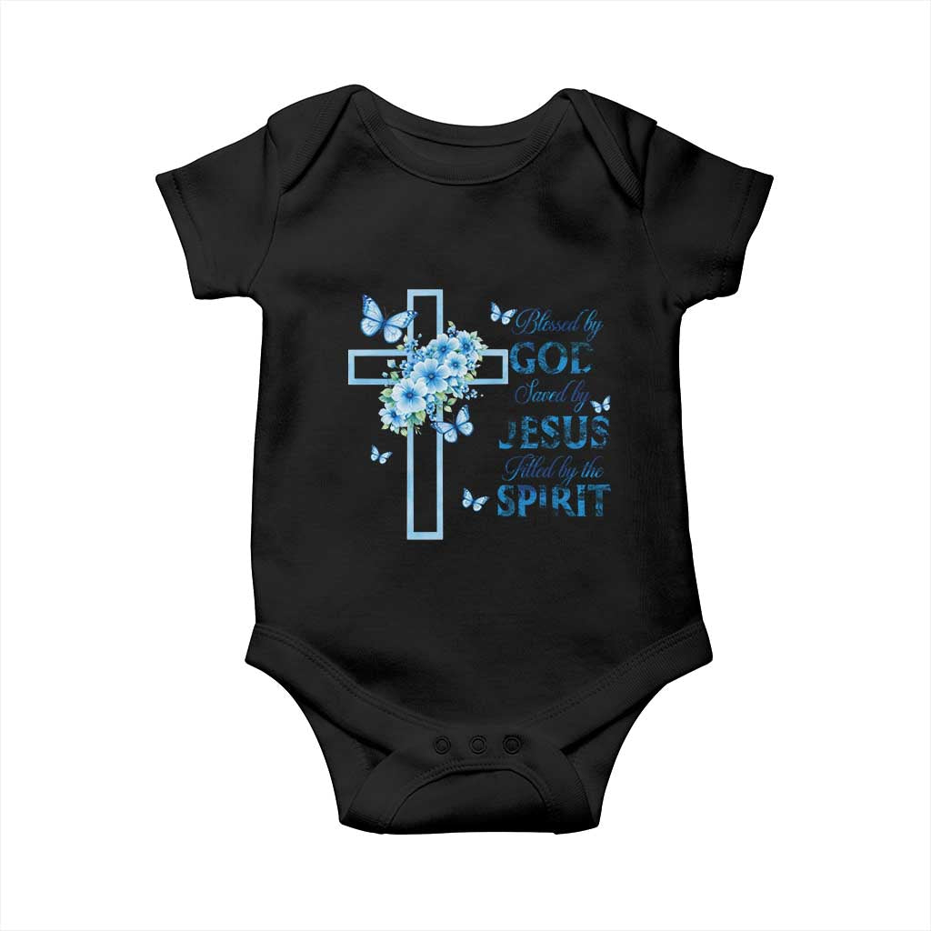 Christian Jesus Baby Onesie Blessed By God Saved By Jesus Blue Floral Cross Butterfly Art TS10 Black Print Your Wear