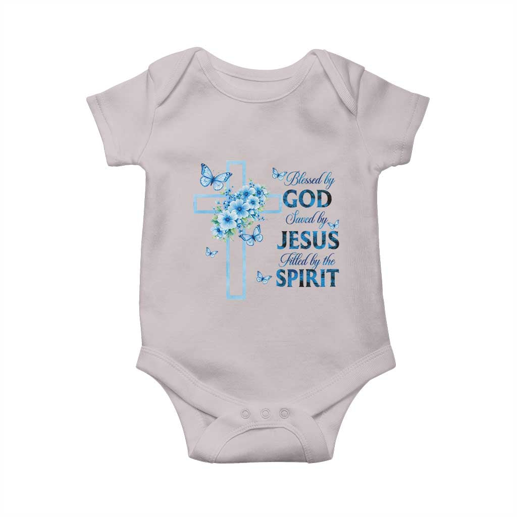 Christian Jesus Baby Onesie Blessed By God Saved By Jesus Blue Floral Cross Butterfly Art TS10 Ice Gray Print Your Wear