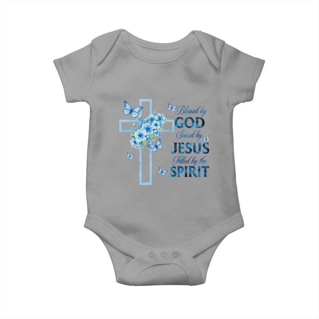 Christian Jesus Baby Onesie Blessed By God Saved By Jesus Blue Floral Cross Butterfly Art TS10 Sport Gray Print Your Wear