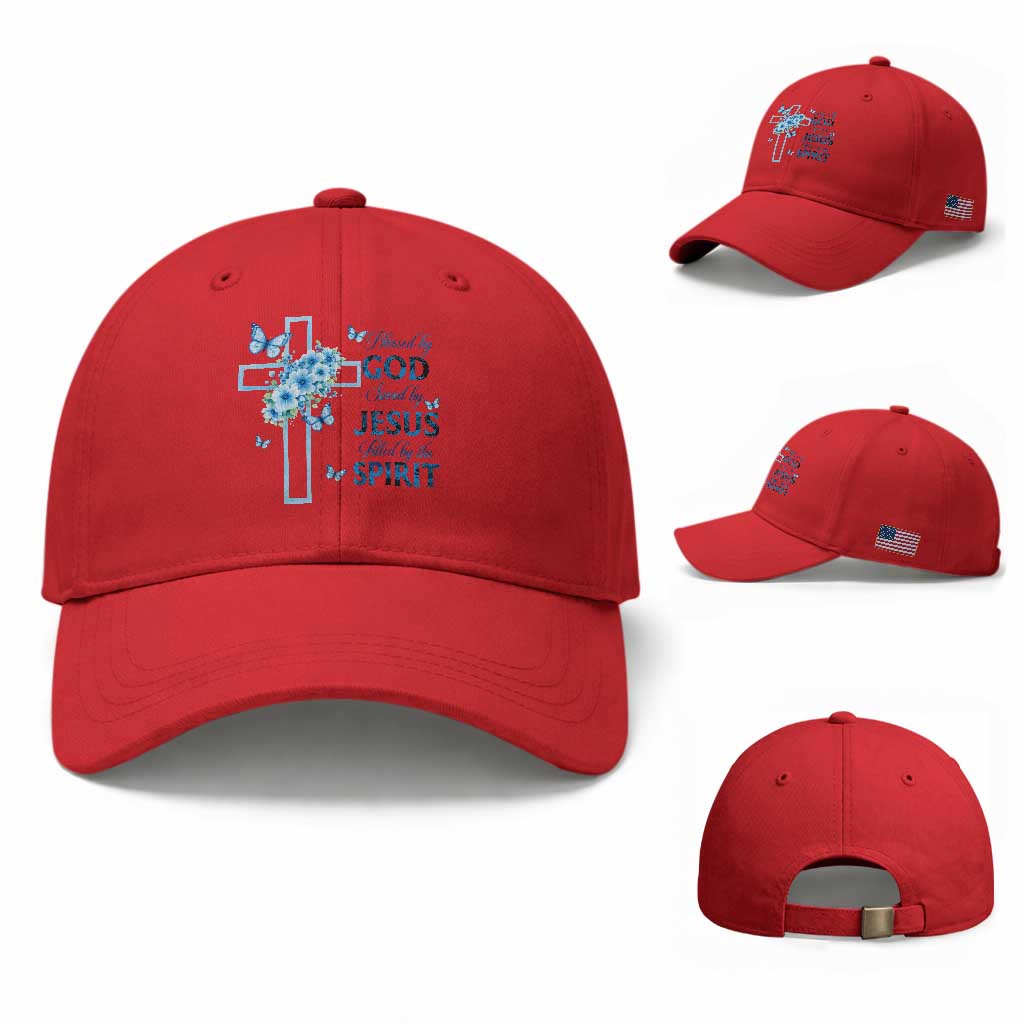 Christian Jesus Baseball Cap Blessed By God Saved By Jesus Blue Floral Cross Butterfly Art TS10 Baseball Cap Universal Fit Red Print Your Wear