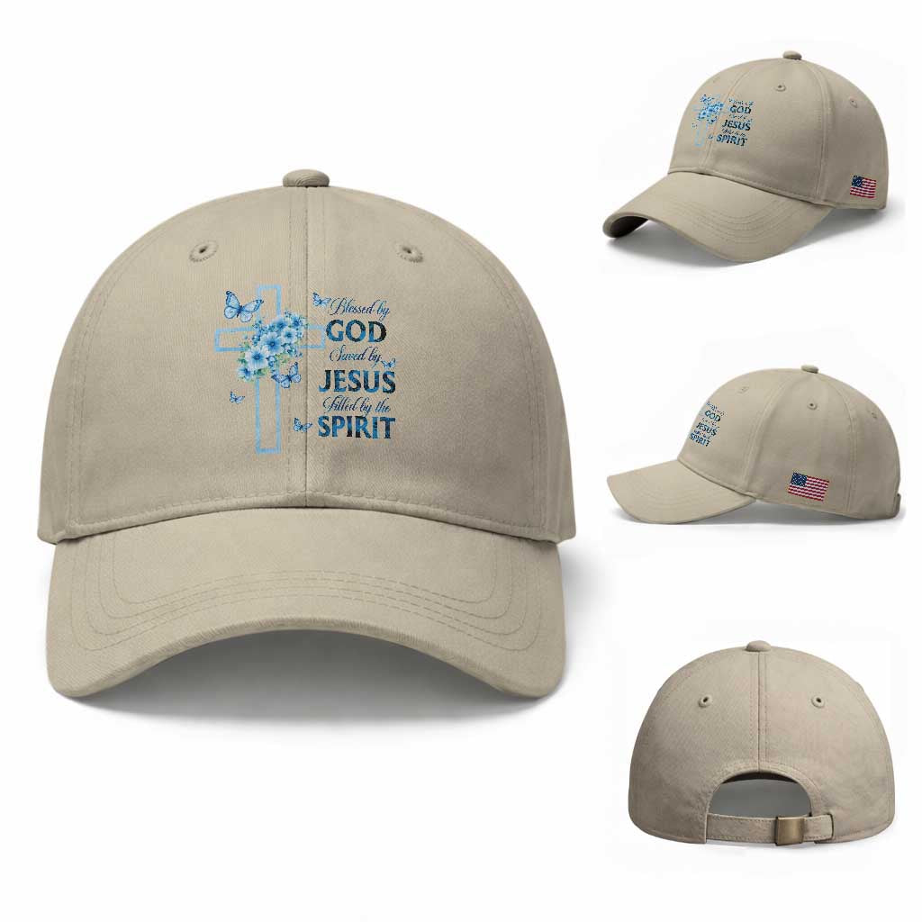 Christian Jesus Baseball Cap Blessed By God Saved By Jesus Blue Floral Cross Butterfly Art TS10 Baseball Cap Universal Fit Beige Print Your Wear