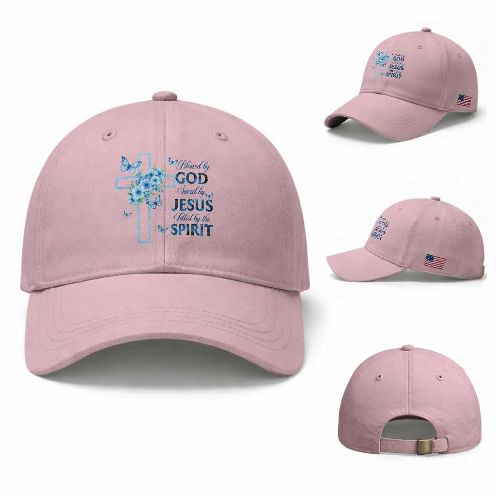 Christian Jesus Baseball Cap Blessed By God Saved By Jesus Blue Floral Cross Butterfly Art TS10 Baseball Cap Universal Fit Light Pink Print Your Wear